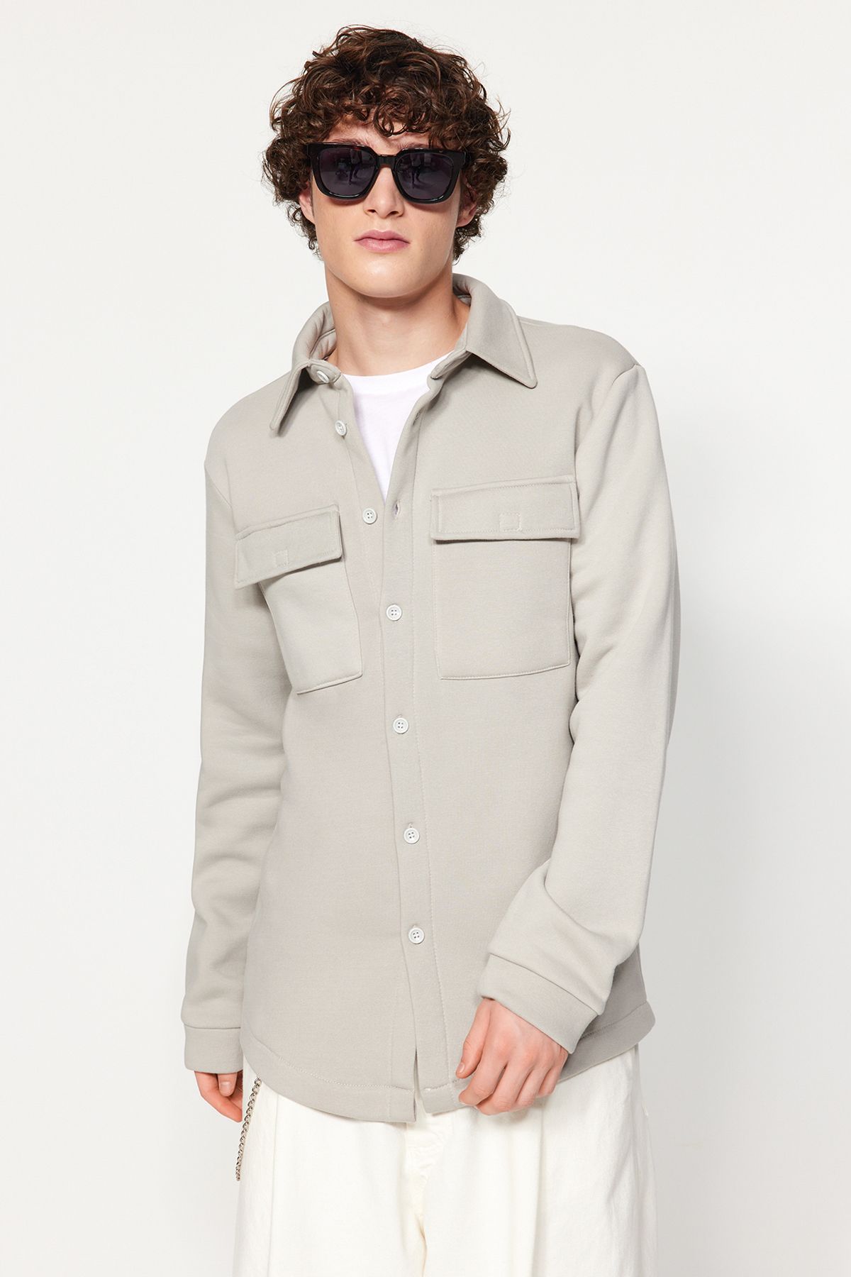 Trendyol Gray Regular/Normal Cut Shirt with Collar Flap Pockets and Inside Fleece Shirt