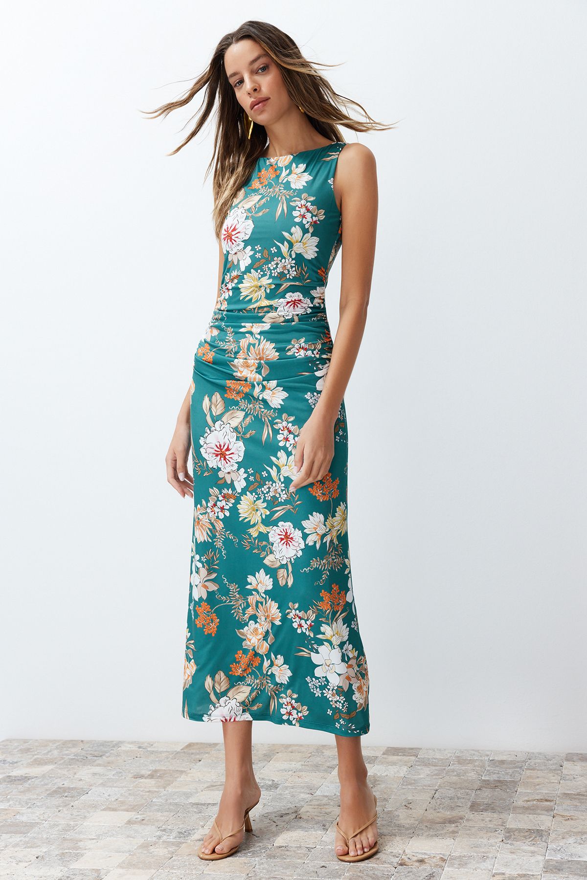 Trendyol Green Floral Printed Bright Surface Ski Rock Body Fitting Flexible Knitted Pencil Dress