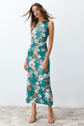 Trendyol Green Floral Printed Bright Surface Ski Rock Body Fitting Flexible Knitted Pencil Dress