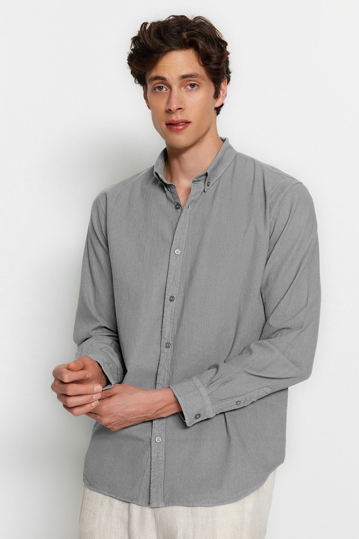 Trendyol Grey Unisex Regular Fit 100% Cotton Linen Look Shirt