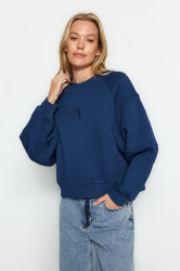 Trendyol Indigo Crew Neck Regular Fit Embroidered Thick Inside Fleece Knitted Sweatshirt