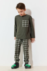 Trendyol Khaki Boy Plaid / Checkered Pajama Set Knitted Top-Bottom Set