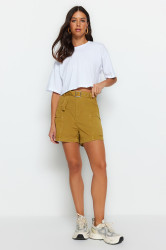 Trendyol Khaki High Waist Denim Shorts With Pocket Detailed Belt