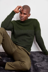 Trendyol Khaki Slim Fit Crew Neck Striped Knitwear Sweater