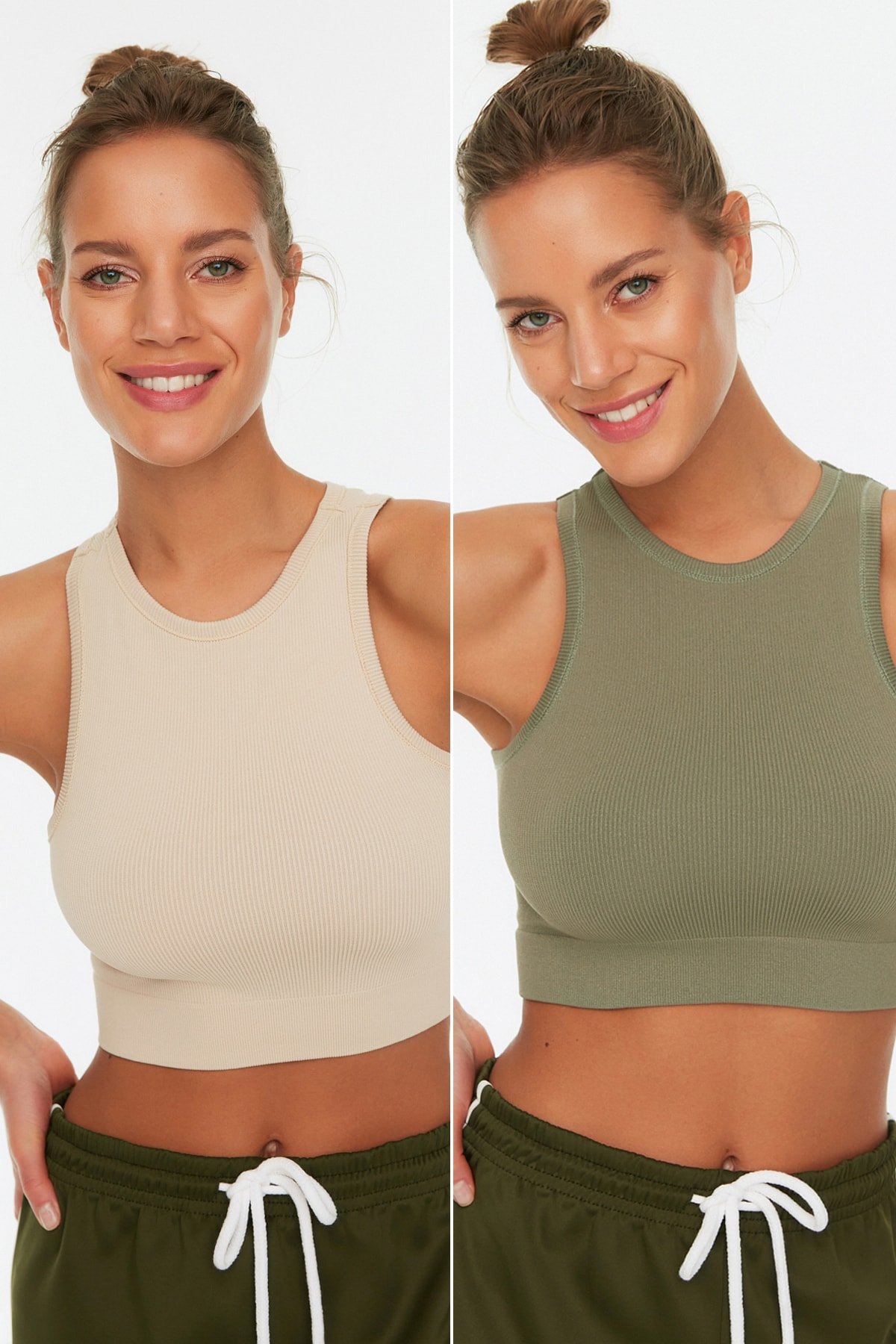 Trendyol Khaki-Stone 2-Pack Seamless/Seamless Lightly Supported/Shaping Knitted Sports Bra