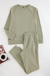 Trendyol Light Khaki Men's Waffle Raglan Sleeve Regular Fit Knitted Men's Pajama Set