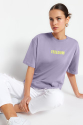 Trendyol Lilac 100% Cotton Slogan Printed Relaxed/Comfortable Fit Crew Neck Knitted T-Shirt