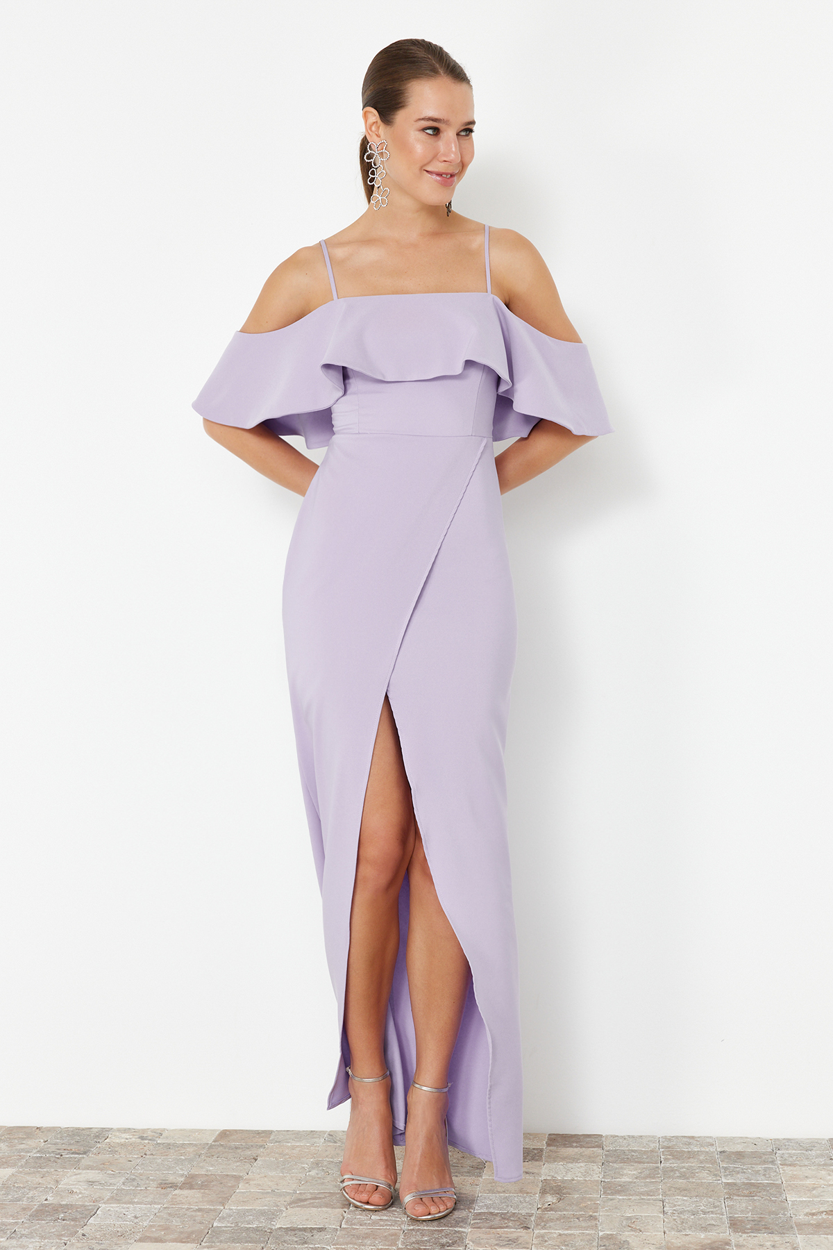 Trendyol Lilac Flounced Woven Long Evening Dress