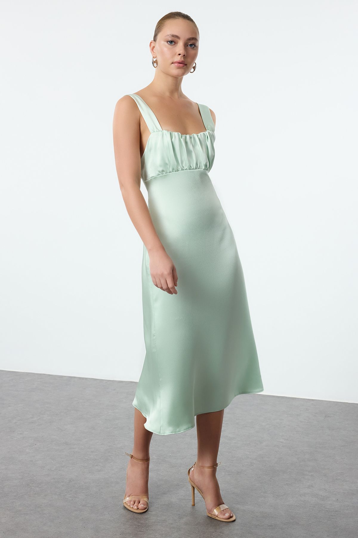 Trendyol Mint Chest Detail Satin Strappy Midi Woven Dress