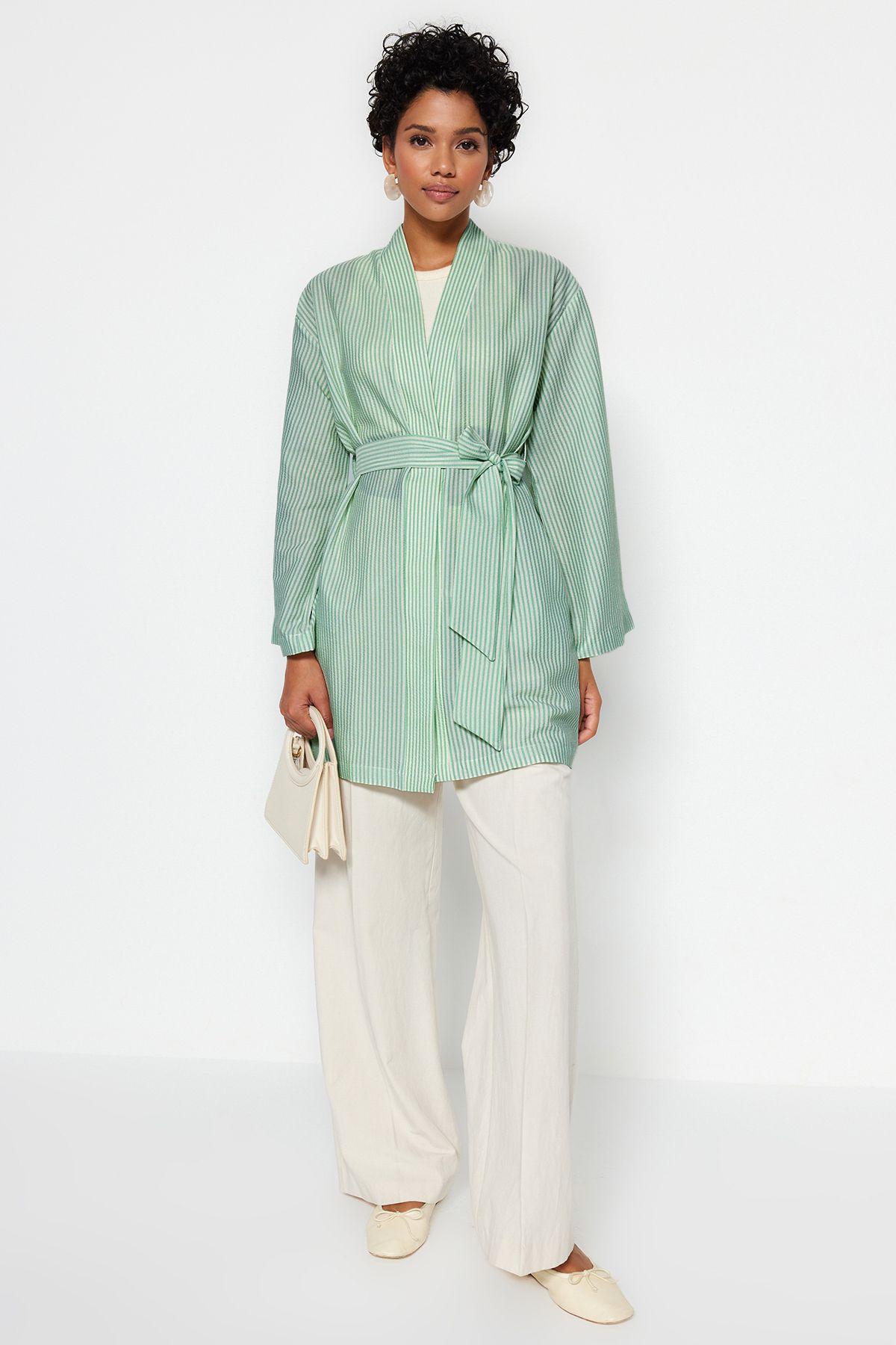 Trendyol Mint Páskovaný tkaný Seeer Pruhované kimono & Kaftan