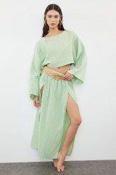 Trendyol Mint Woven Slit Muslin Blouse Skirt Set