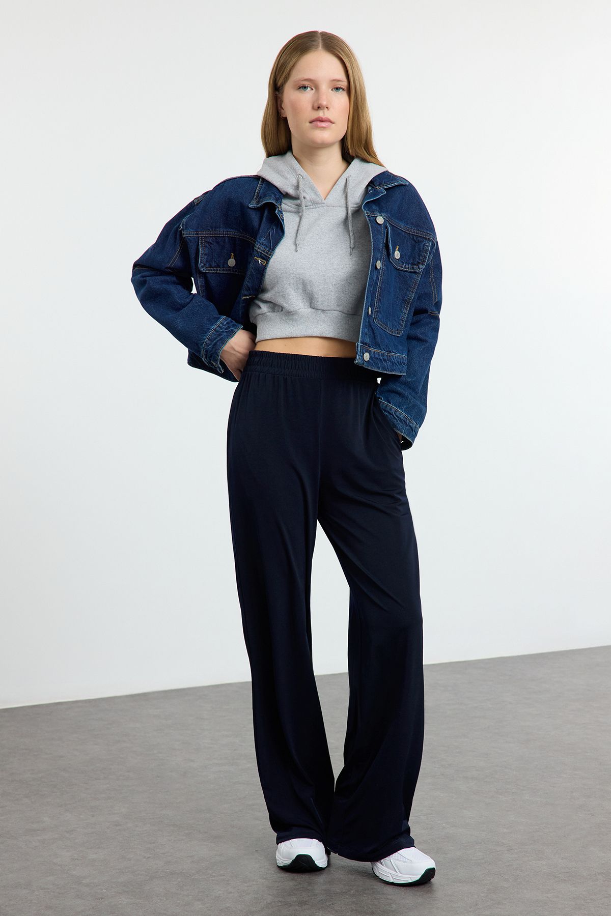 Trendyol Navy Blue Wide Leg/Relaxed Cut High Waist Flexible Trousers