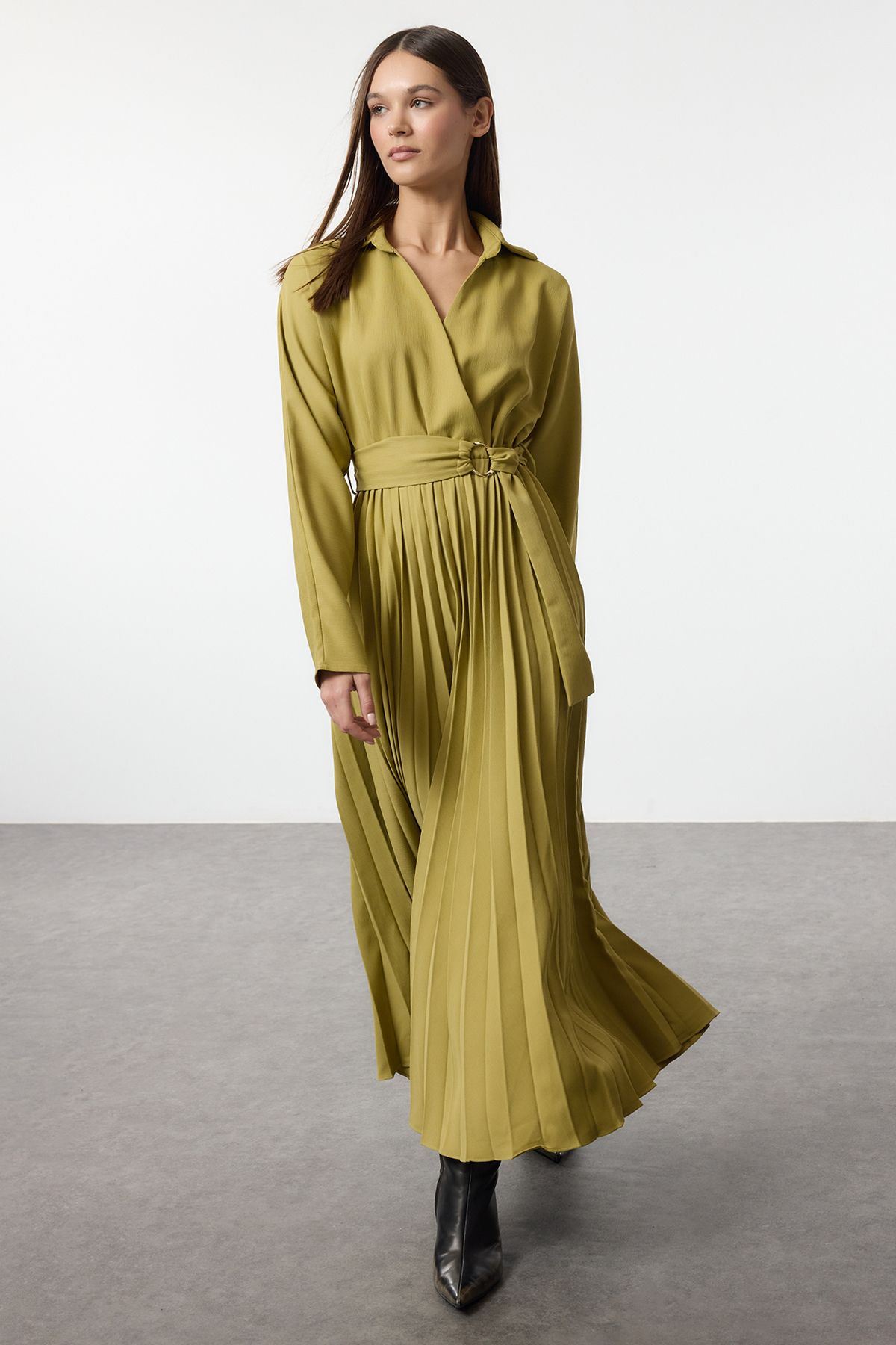 Trendyol Oil Green Belted Pleated Skirt Double Breasted Maxi Woven Dress