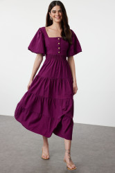 Trendyol Plum Waist Waist and Back Detailed Square Neck Maxi Woven Dress