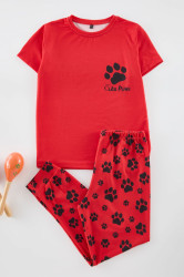 Trendyol Red Boy Printed Pajama Set Cotton Knitted Top-Bottom Set