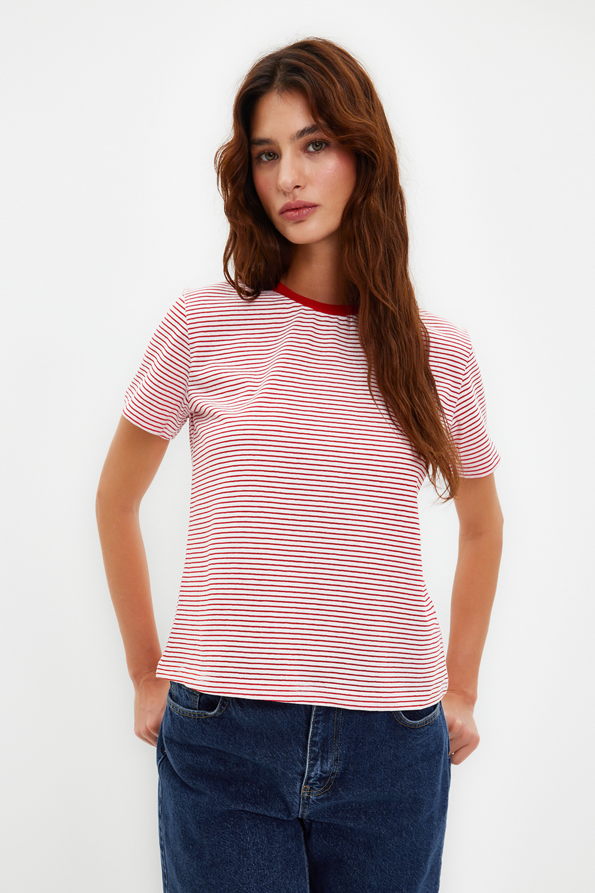 Trendyol Red Ecru Striped Premium Basic Regular/Normal Fit Crew Neck Knitted T-Shirt