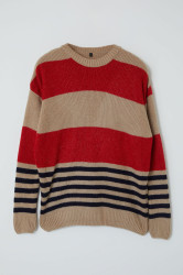 Trendyol Red Oversize Crew Neck Striped Knitwear Sweater