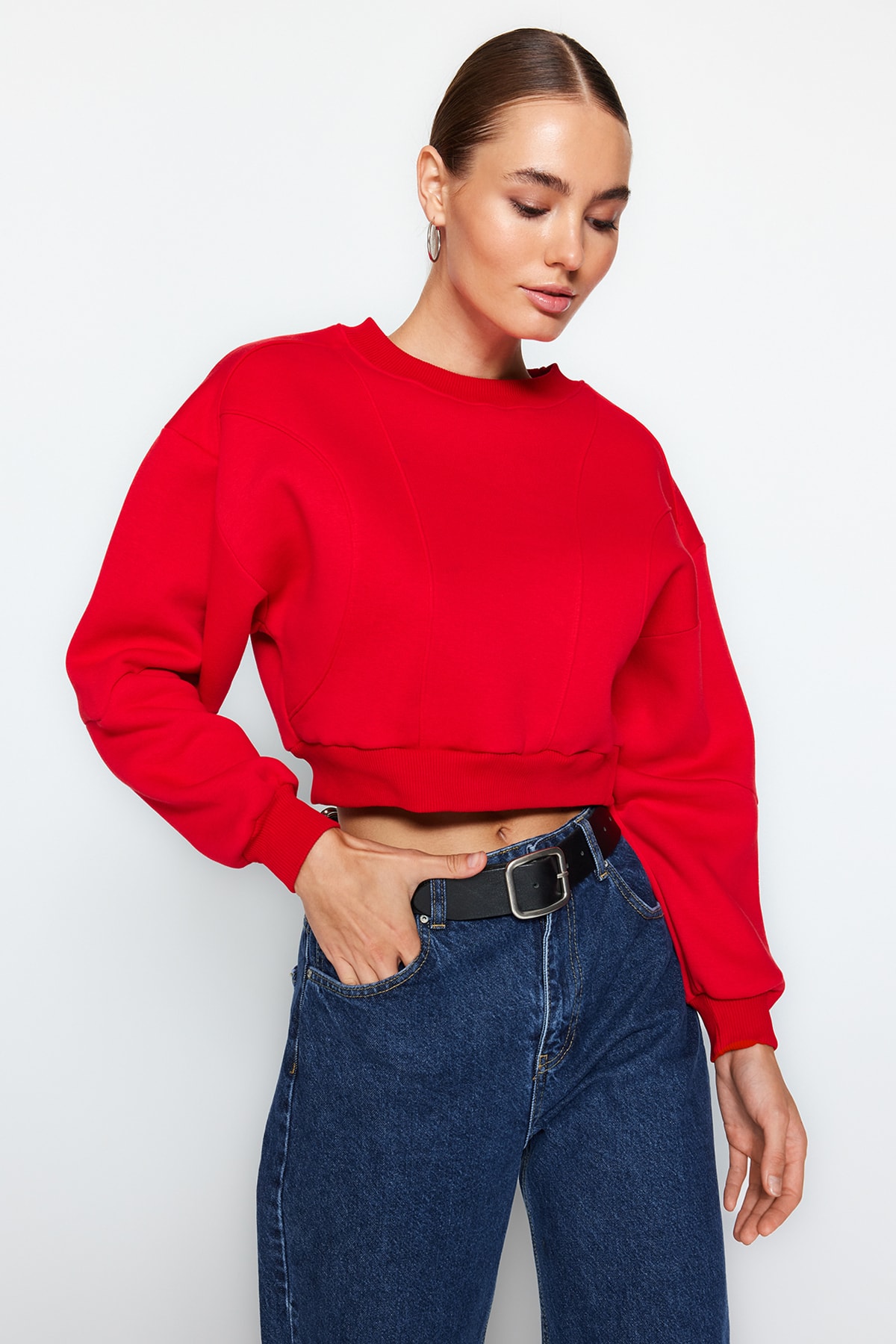 Trendyol Red Thick Fleece Inside Stitch Detail Regular/Normal Fit Knitted Sweatshirt