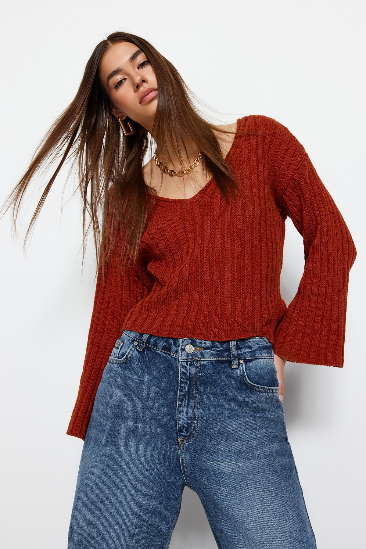 Trendyol Tile Wide Fit Crop Wool Basic Knitwear Sweater