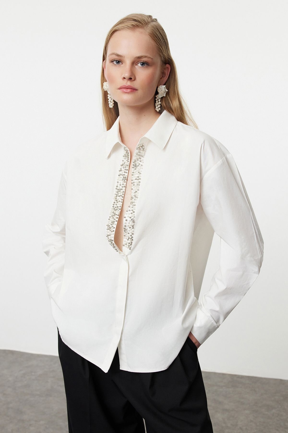 Trendyol White Shirt Collar Stone Shirt